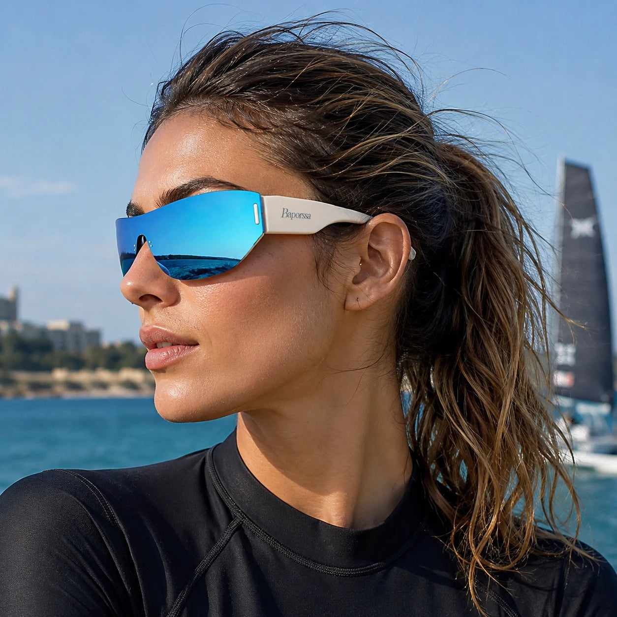 Sprint sky blue model wearing BAPORSSA sunglasses
