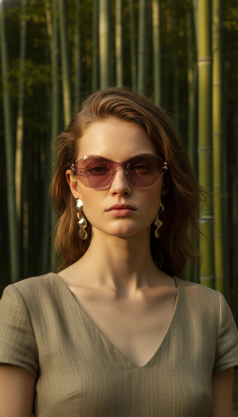 Woman wearing sunglasses with bamboo in the background