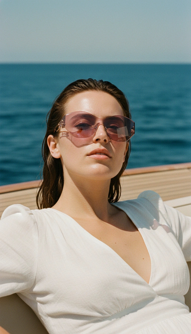 Woman wearing sunglasses with a blue ocean background