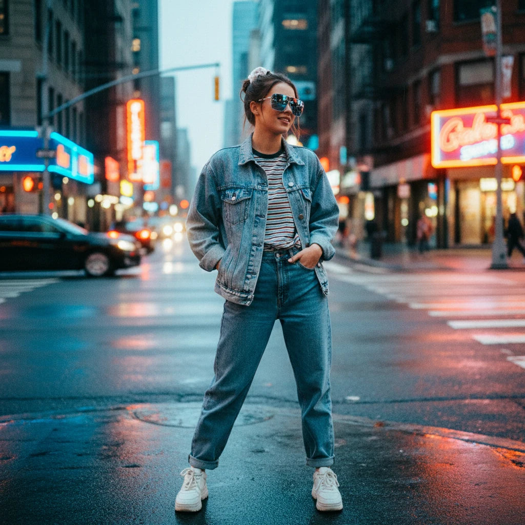 A woman poses confidently in an oversized denim jacket, striped top, and high-waisted jeans, paired with large reflective sunglasses, standing on a wet urban crosswalk at dusk—neon signs and blurred traffic glow in the background.