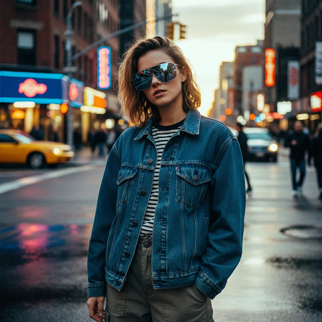 A woman poses confidently in an oversized denim jacket, striped top, and high-waisted jeans, paired with large reflective sunglasses, standing on a wet urban crosswalk at dusk—neon signs and blurred traffic glow in the background.