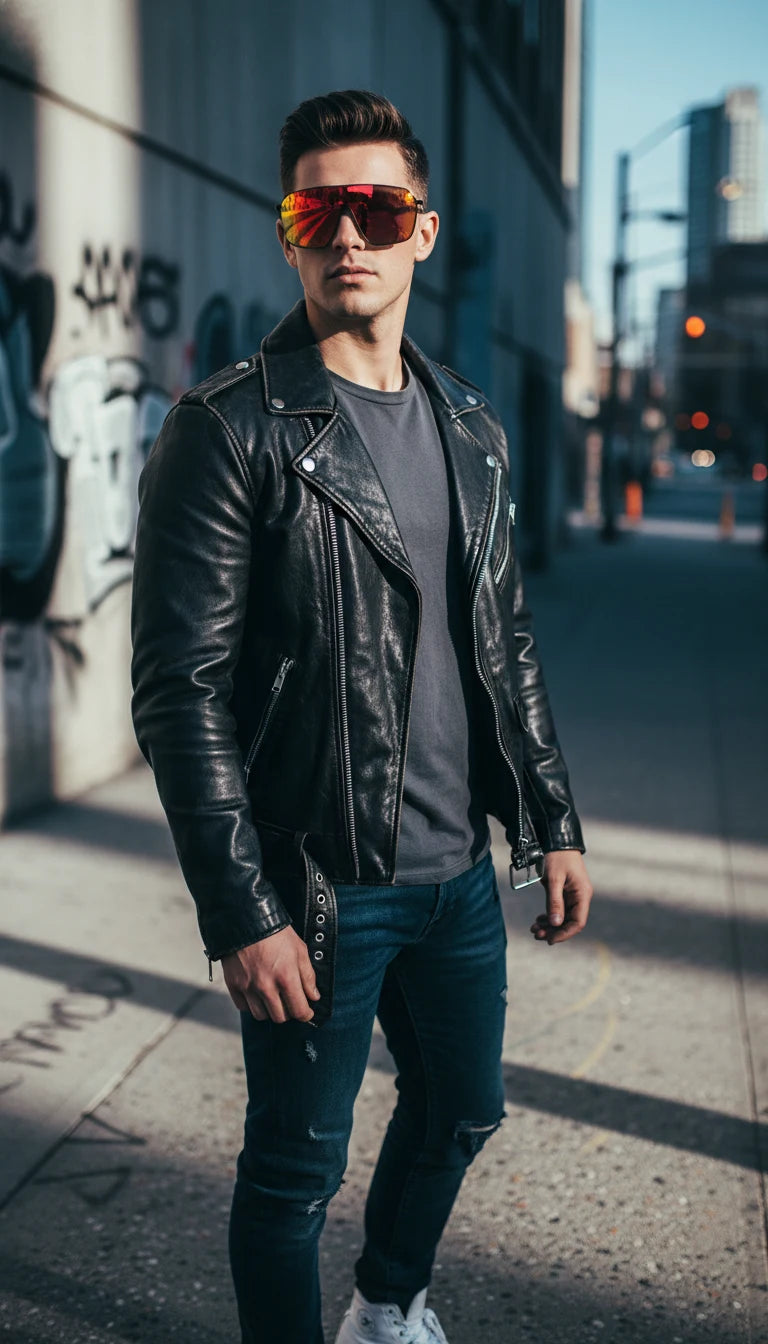 A man with sleek hair, wearing a black leather biker jacket, gray t-shirt, and reflective red-yellow sunglasses, poses on a city sidewalk next to a graffiti-covered wall, with modern buildings and streetlights in the distance.