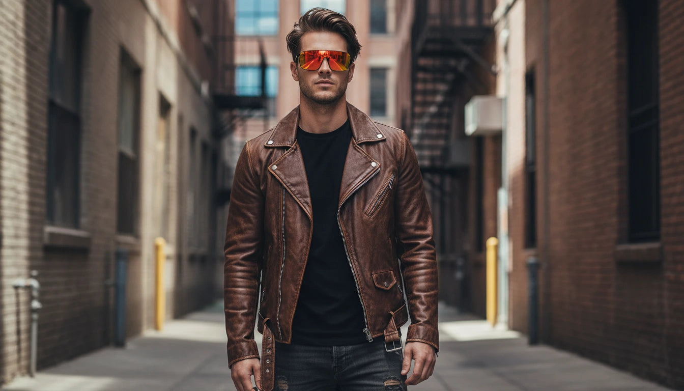 A man with styled hair, wearing a brown leather moto jacket, black t-shirt, distressed jeans, and bright red-orange reflective sunglasses, standing in a sunlit brick urban alleyway.