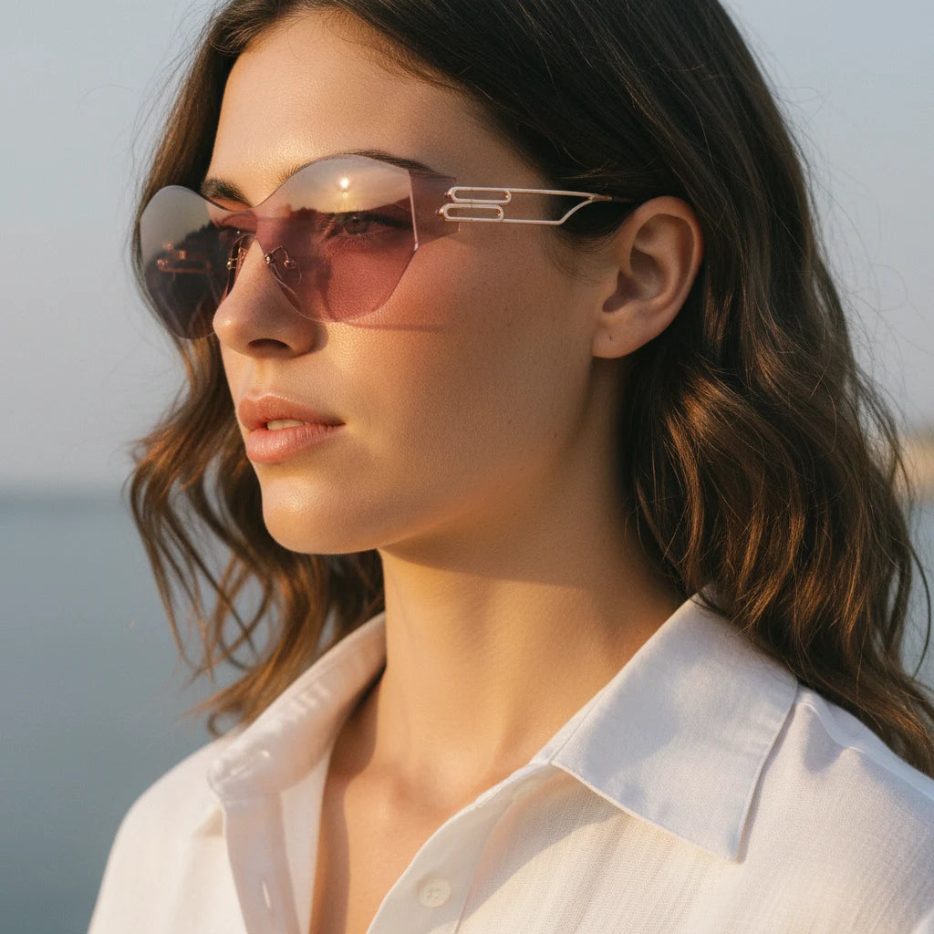 Woman in rose-purple rimless cat-eye sunglasses at sunset beach golden hour