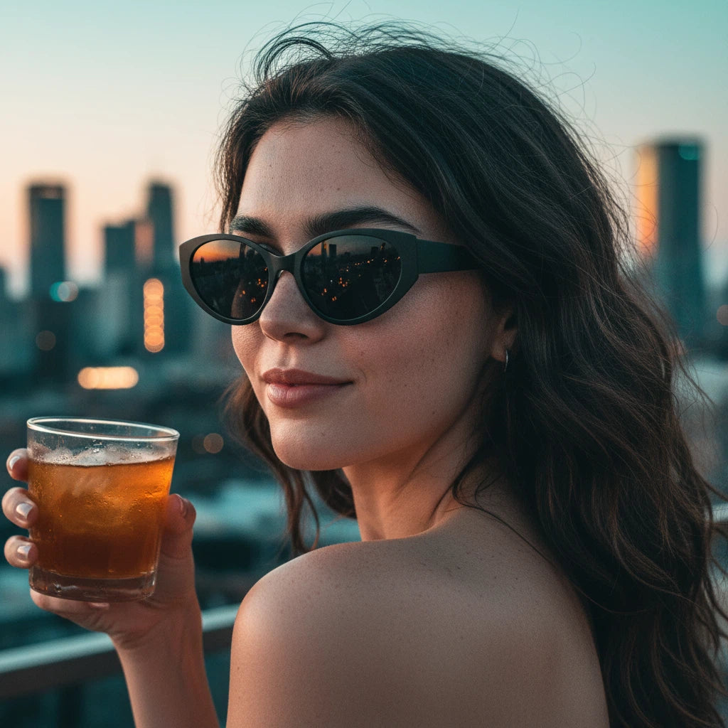Woman holding a drink with a city skyline in the background