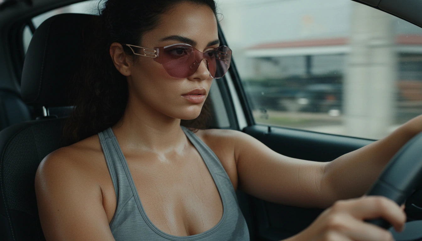Close-up of a woman with dark hair, wearing a gray athletic tank top and rose-tinted sunglasses, driving a car right after a workout. The woman looks focused and slightly sweaty