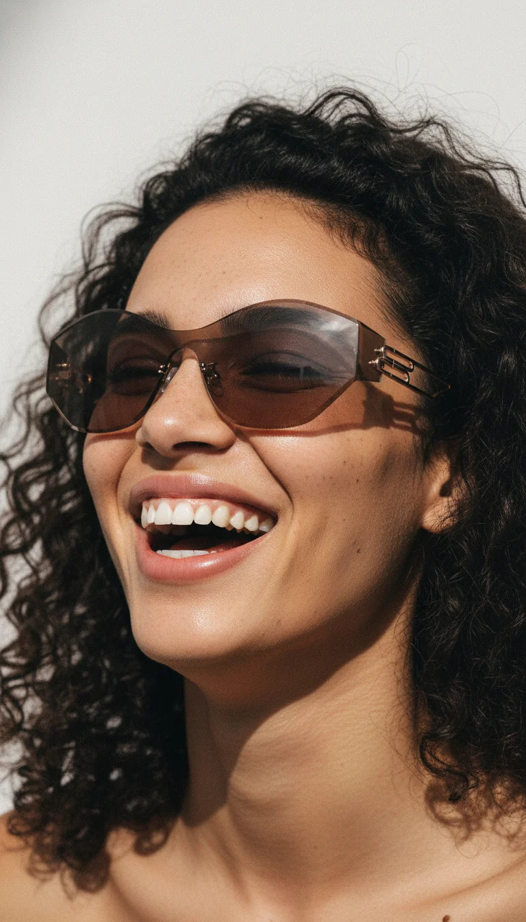 Smiling woman wearing rimless brown-taupe cat-eye sunglasses – 2025 summer bestseller