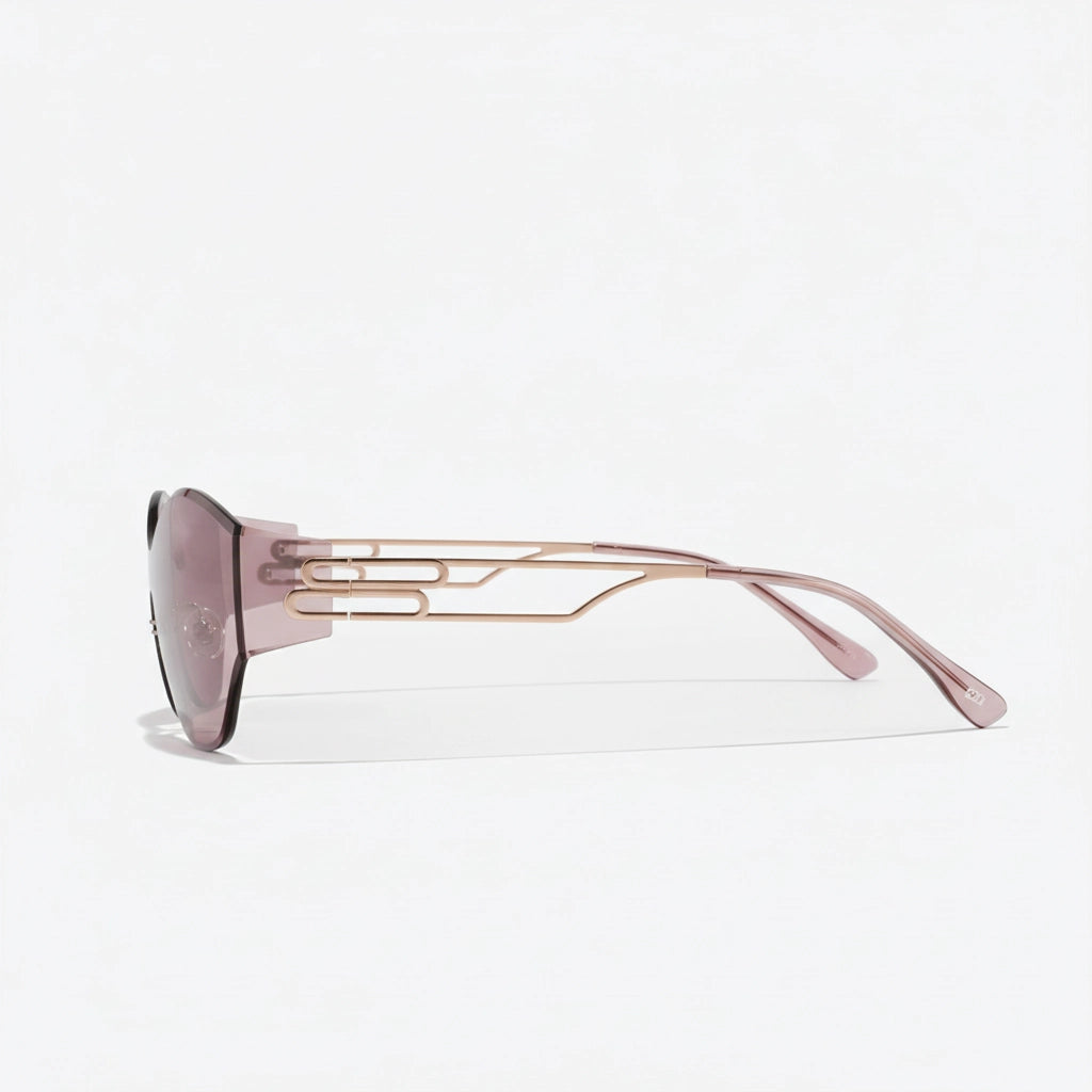 Close-up rose-gold hardware detail on rose-purple rimless cat-eye sunglasses