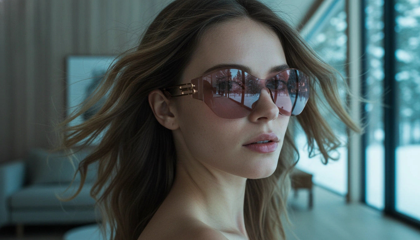 Woman wearing pink sunglasses indoors with a blurred background