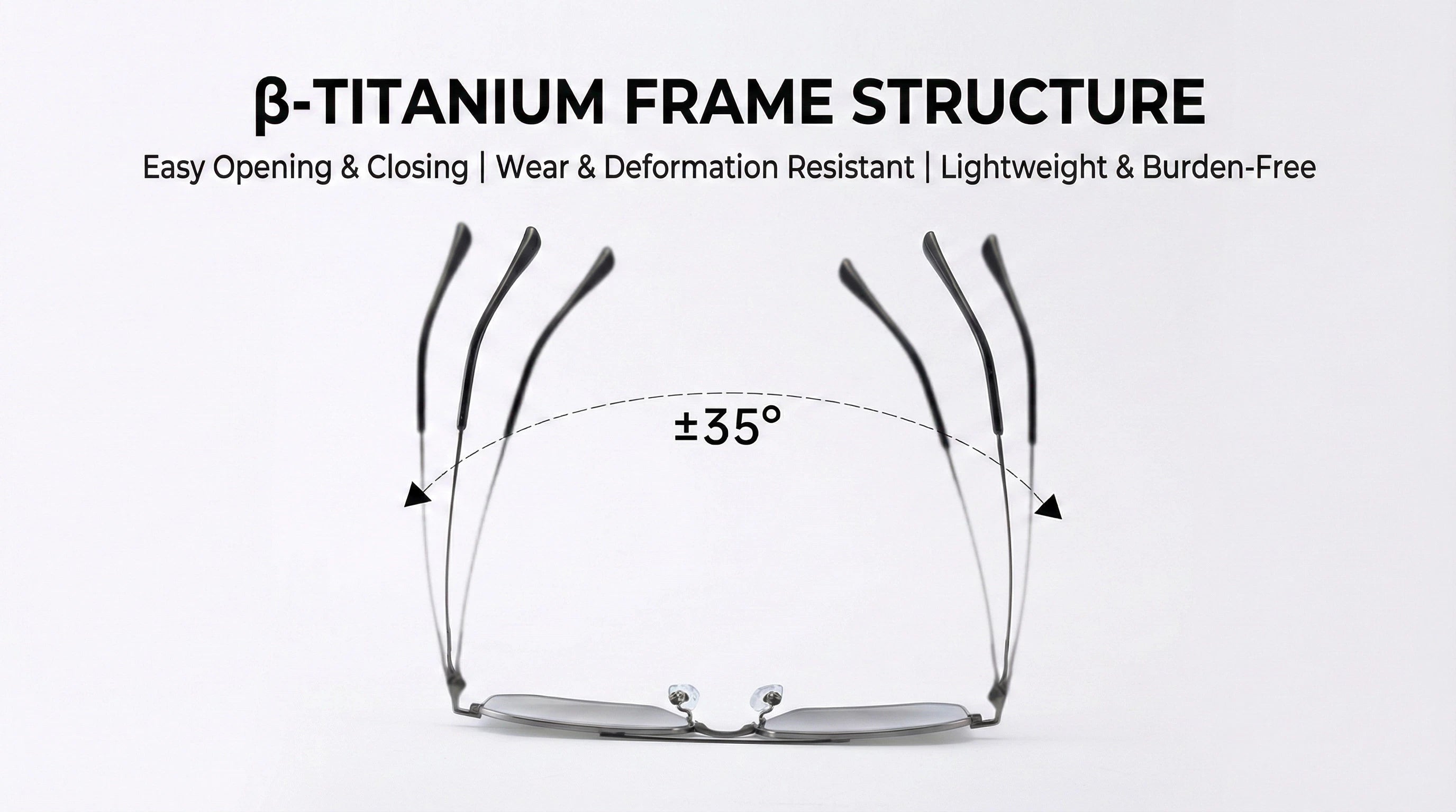 Diagram of a β-titanium frame structure with text highlighting features on a white background