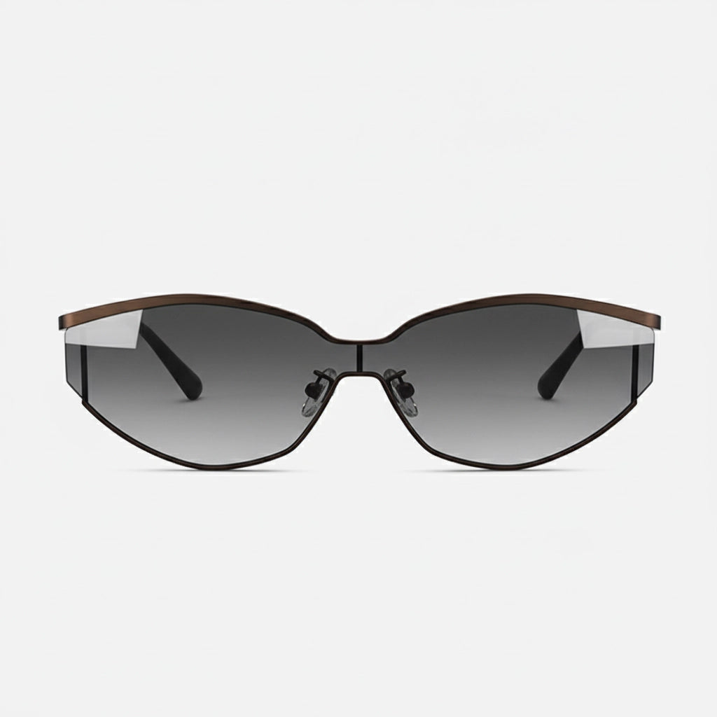 Side angle of fashionable cat-eye sunglasses showcasing a slim brown metal frame and gradient gray lenses.