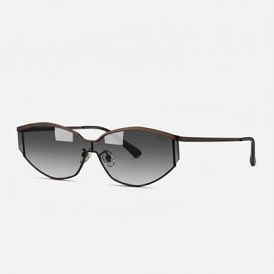 Side angle of fashionable cat-eye sunglasses showcasing a slim brown metal frame and gradient gray lenses.