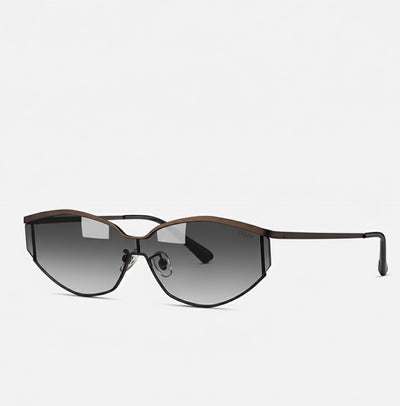Side angle of fashionable cat-eye sunglasses showcasing a slim brown metal frame and gradient gray lenses.