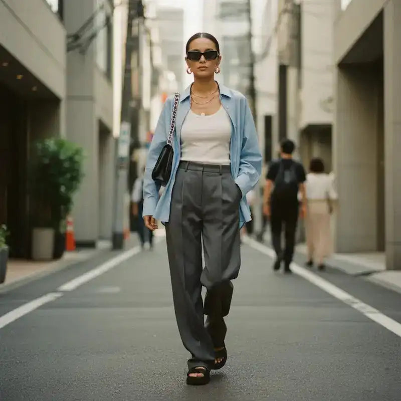 Urban alley fashion sunglasses, woman in tailored look with city street background