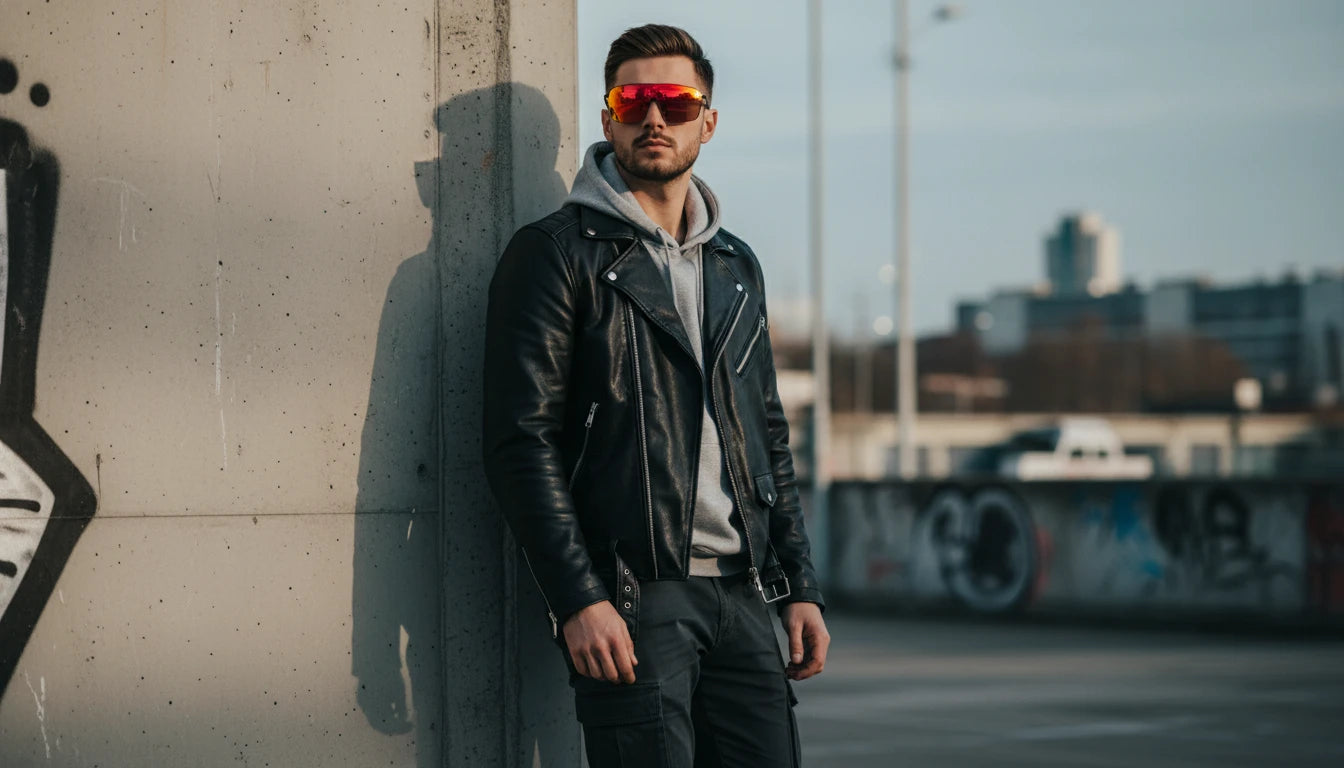 A stylish man in a leather jacket and reflective sunglasses leans against a concrete wall in an urban setting with graffiti.