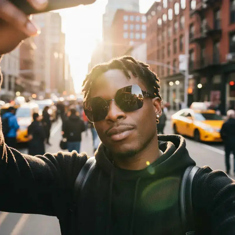 Men’s stylish sunglasses urban selfie, man capturing city vibes with trendy eyewear