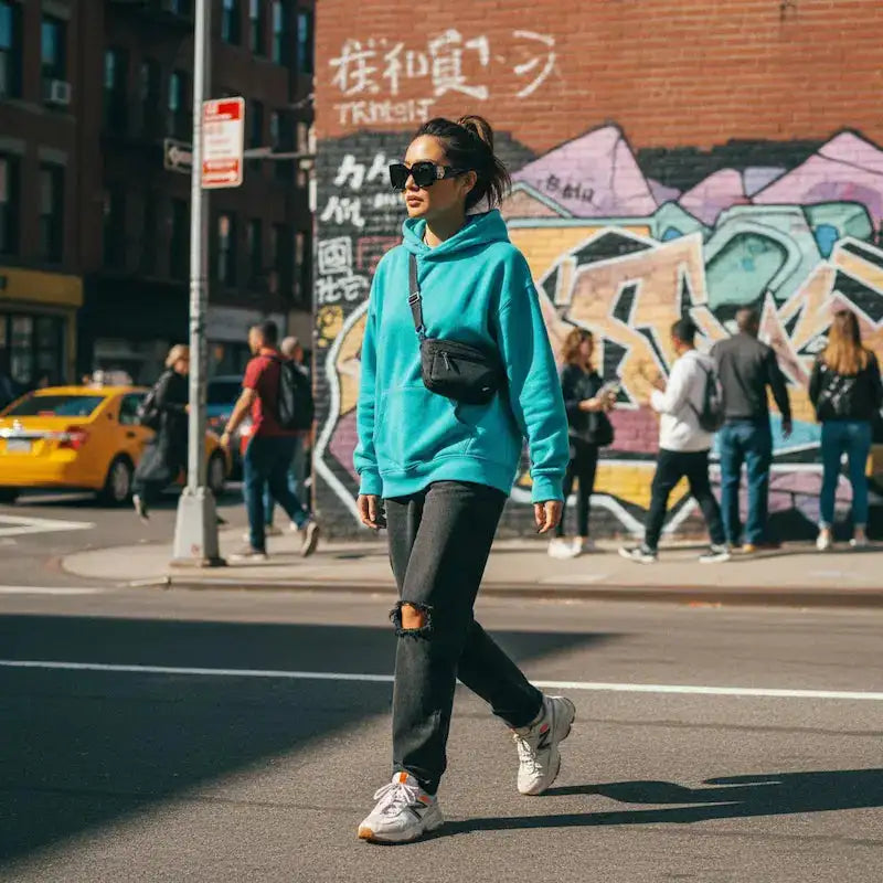 Modern sunglasses urban street style fashion, woman in city with graffiti background