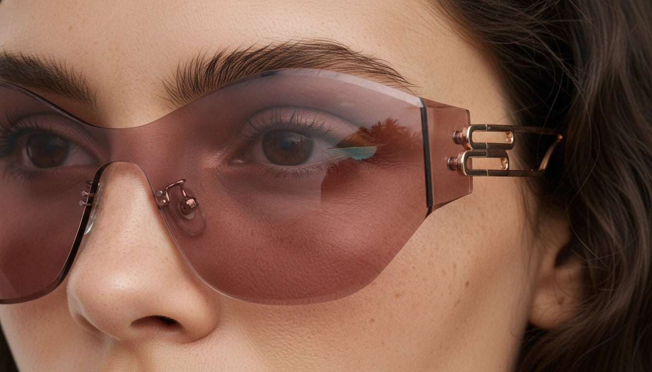 Close-up of a person wearing pink sunglasses with a blurred background