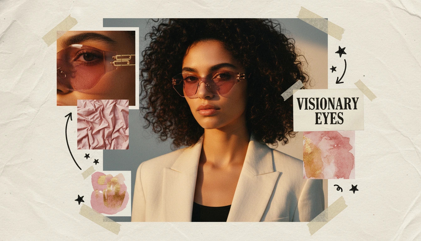 Woman wearing sunglasses with decorative elements and text on a light background