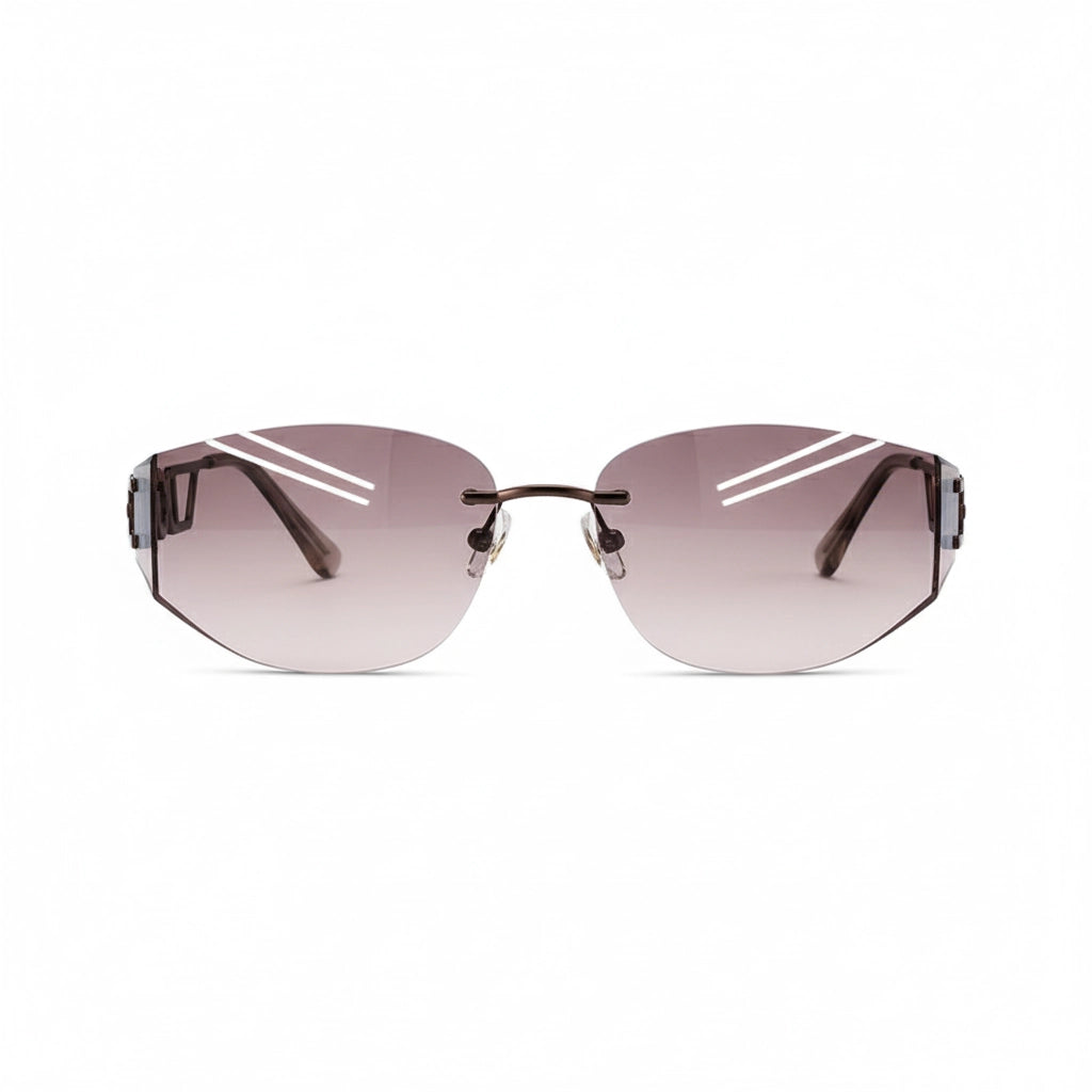 Close side view of model wearing Y2K rimless Pink red sunglasses with visible DO letter temple