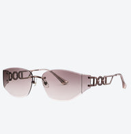 Close side view of model wearing Y2K rimless Pink red sunglasses with visible DO letter temple