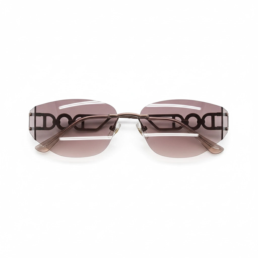 Close side view of model wearing Y2K rimless Pink red sunglasses with visible DO letter temple