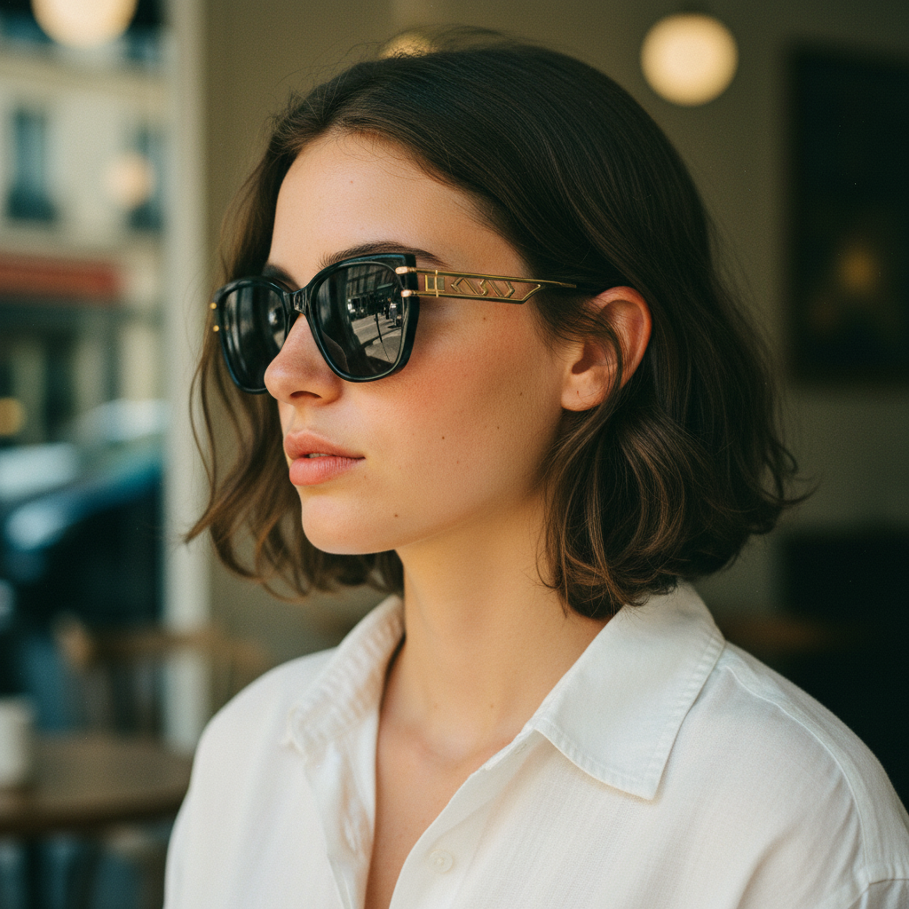 Bob haircut model side view wearing cat-eye sunglasses with gold Greek pattern temples