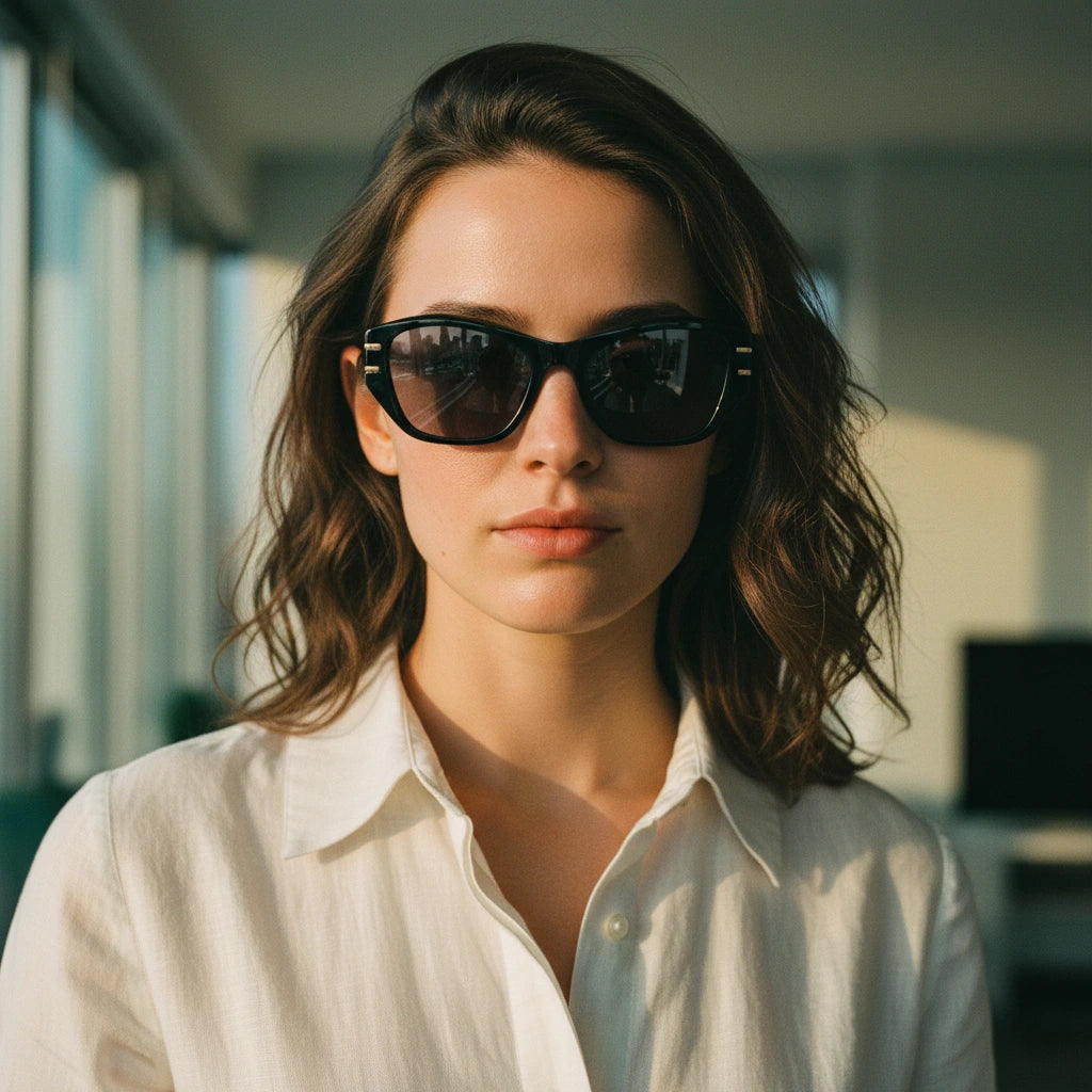 Short-haired model wearing vintage black cat-eye sunglasses side profile, gold Greek key temple detail