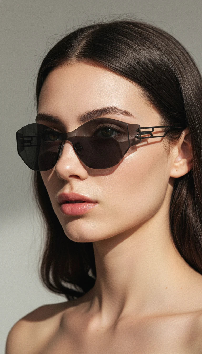 Woman in ultra-black rimless cat-eye sunglasses close-up portrait – dark queen aesthetic