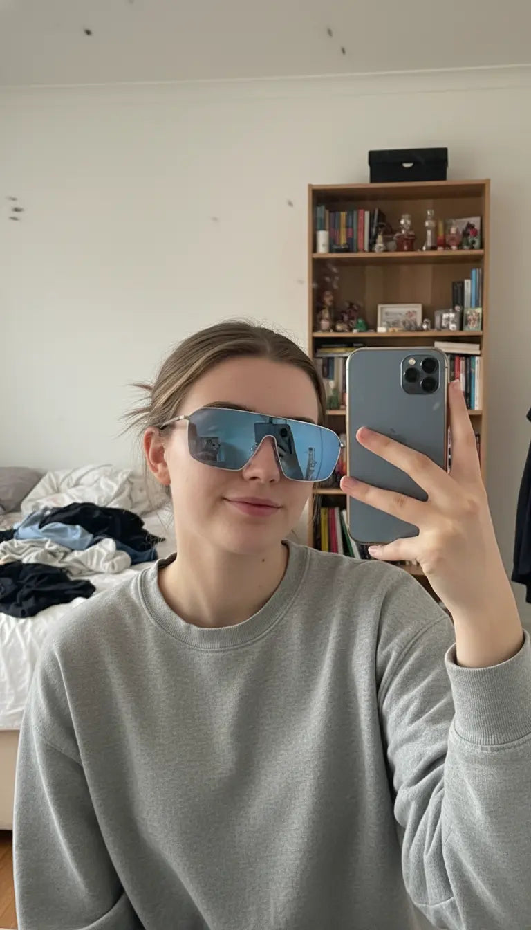 A woman in a gray sweatshirt takes a phone selfie, showcasing large reflective blue-lensed sunglasses; a cluttered bed and bookshelf are visible in the bedroom background.
