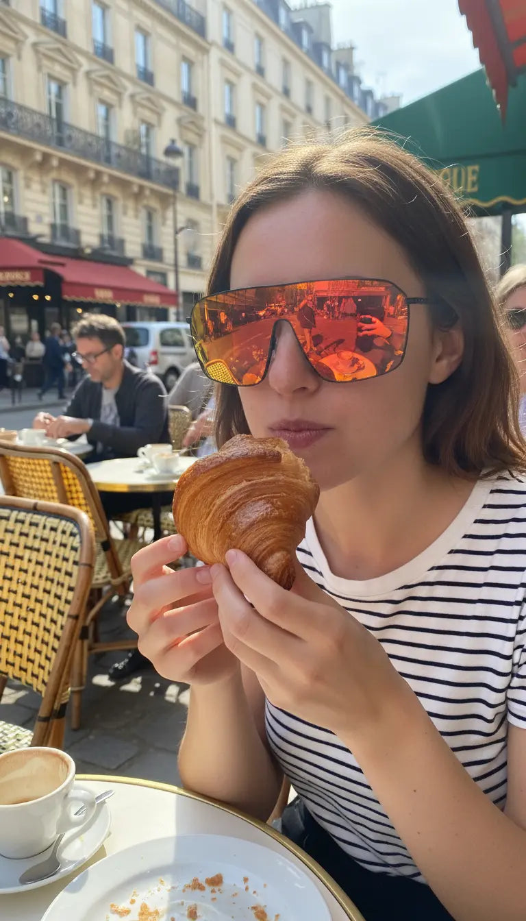 A woman wearing red mirror shield sunglasses enjoying a croissant at an outdoor Paris café, capturing a chic European lifestyle eyewear look.