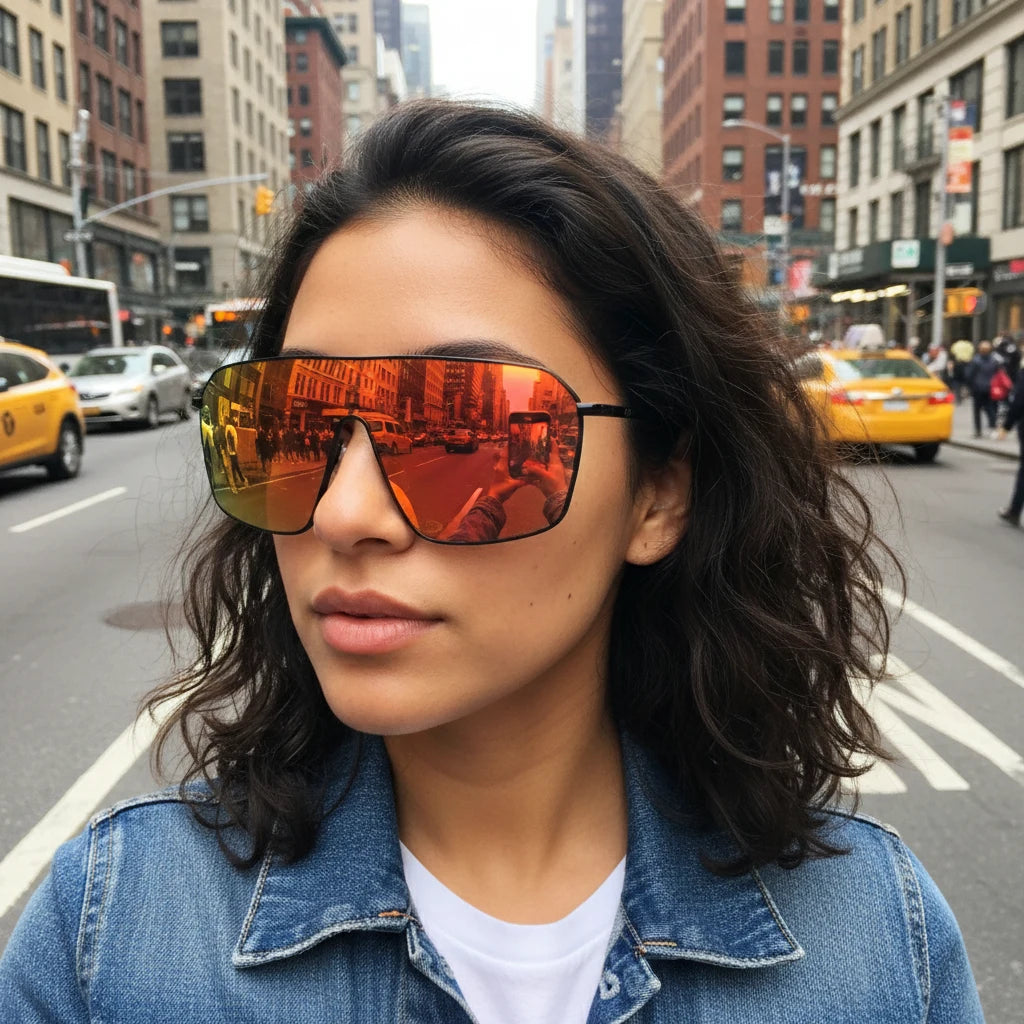 A woman wearing red mirror shield sunglasses standing on a busy city street with taxis and tall buildings in the background, highlighting an urban lifestyle eyewear look.