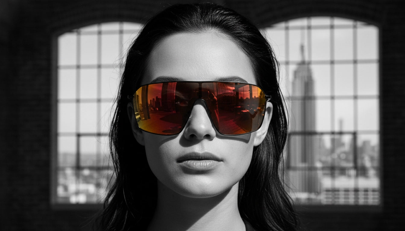 Woman wearing reflective sunglasses with a cityscape in the background