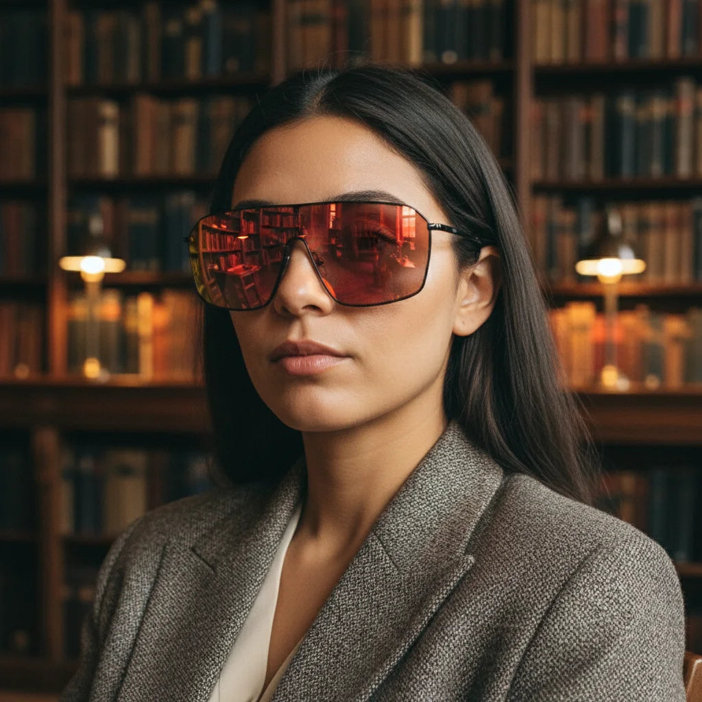 A woman wearing red mirror shield sunglasses inside a library, styled in a tailored blazer, showcasing a modern intellectual fashion eyewear look.