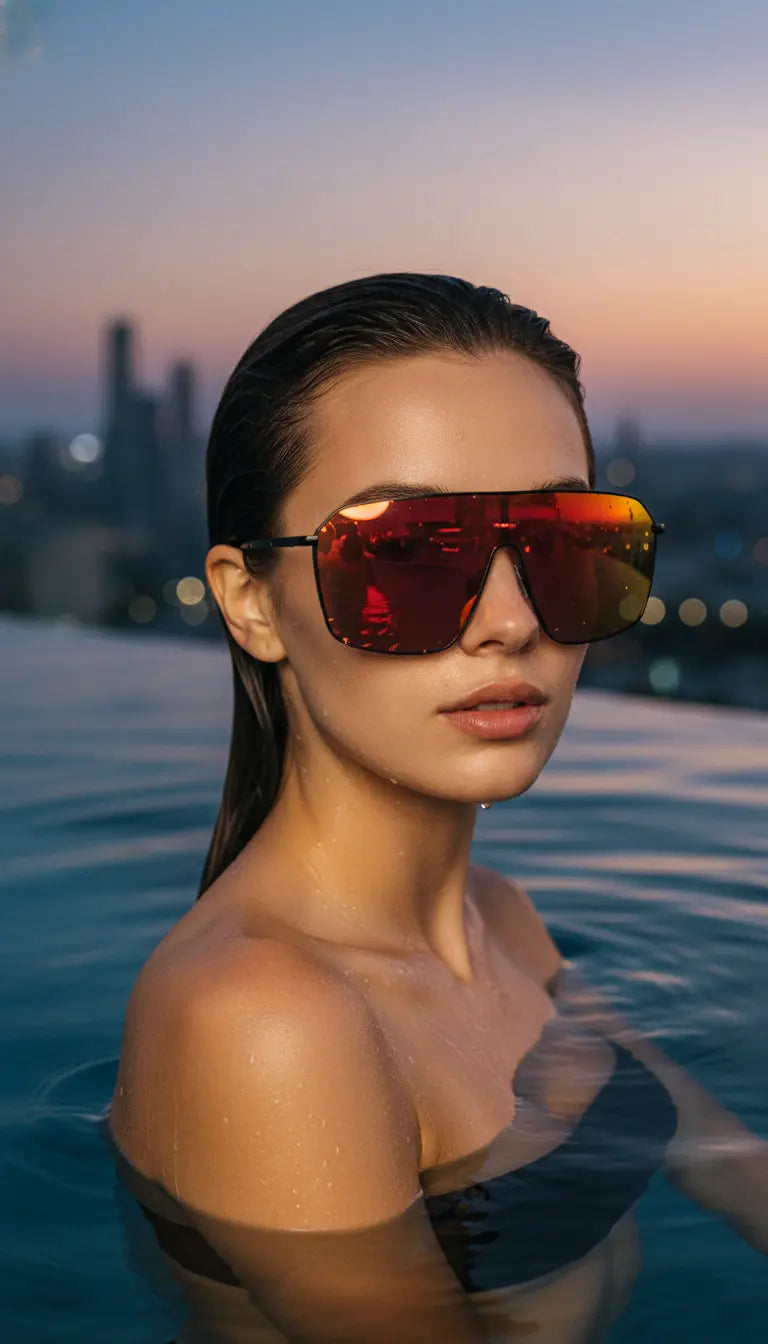 A woman wearing red mirror shield sunglasses standing in a rooftop infinity pool at sunset with a city skyline behind her, showcasing a luxury modern eyewear look.