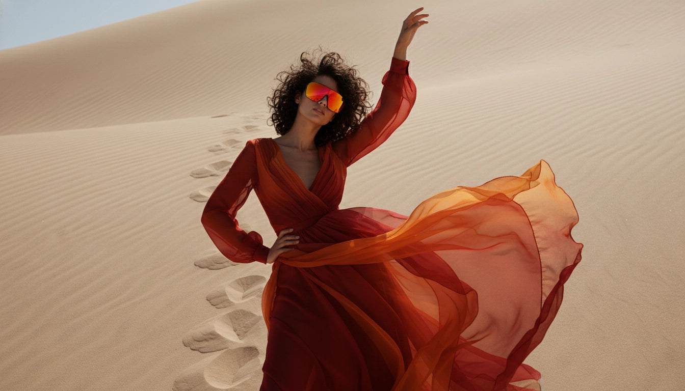 A woman in a flowing red dress wearing reflective mirror shield sunglasses while standing on sand dunes, highlighting a dramatic desert fashion eyewear look.
