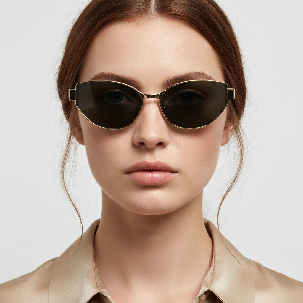 Woman with brown hair wearing gold titanium cat-eye sunglasses with dark gray lenses, front view