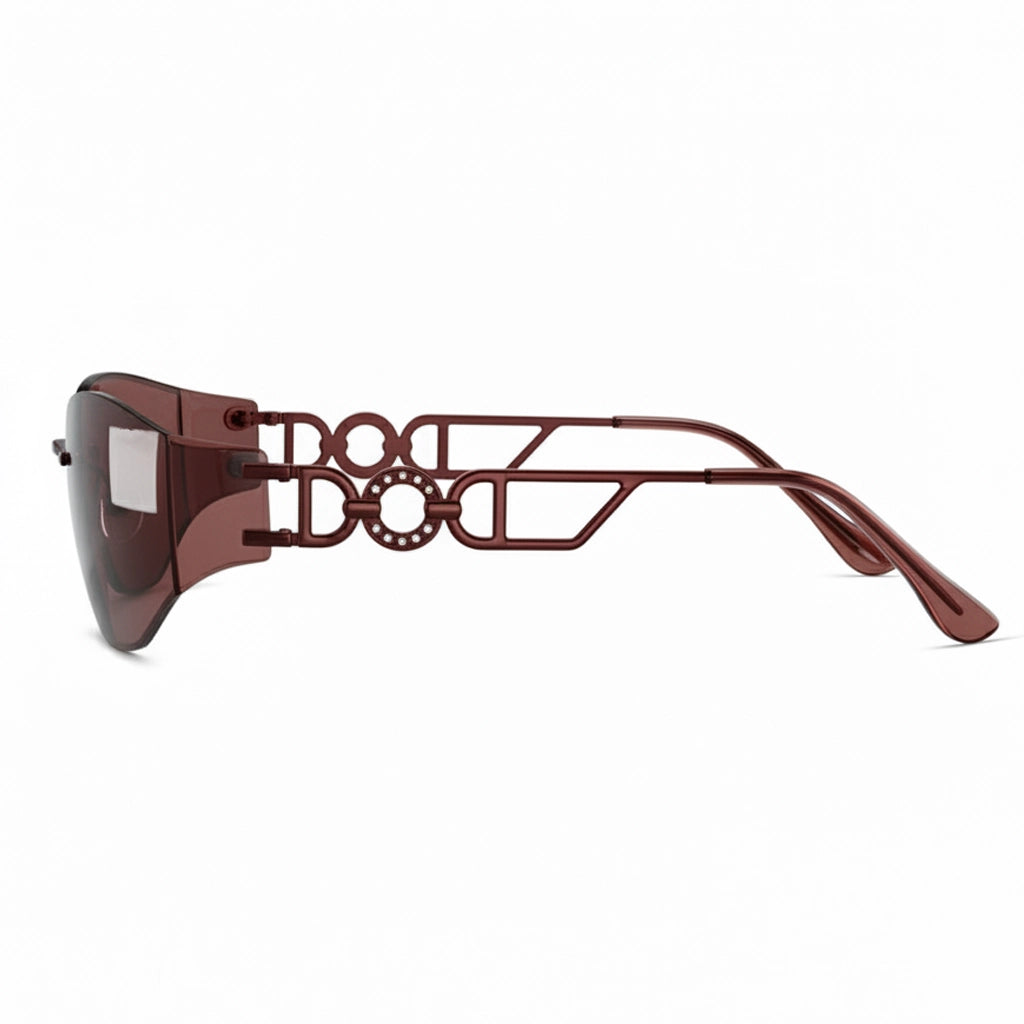 Close-up of Y2K wine red rimless sunglasses DO diamond temple detail