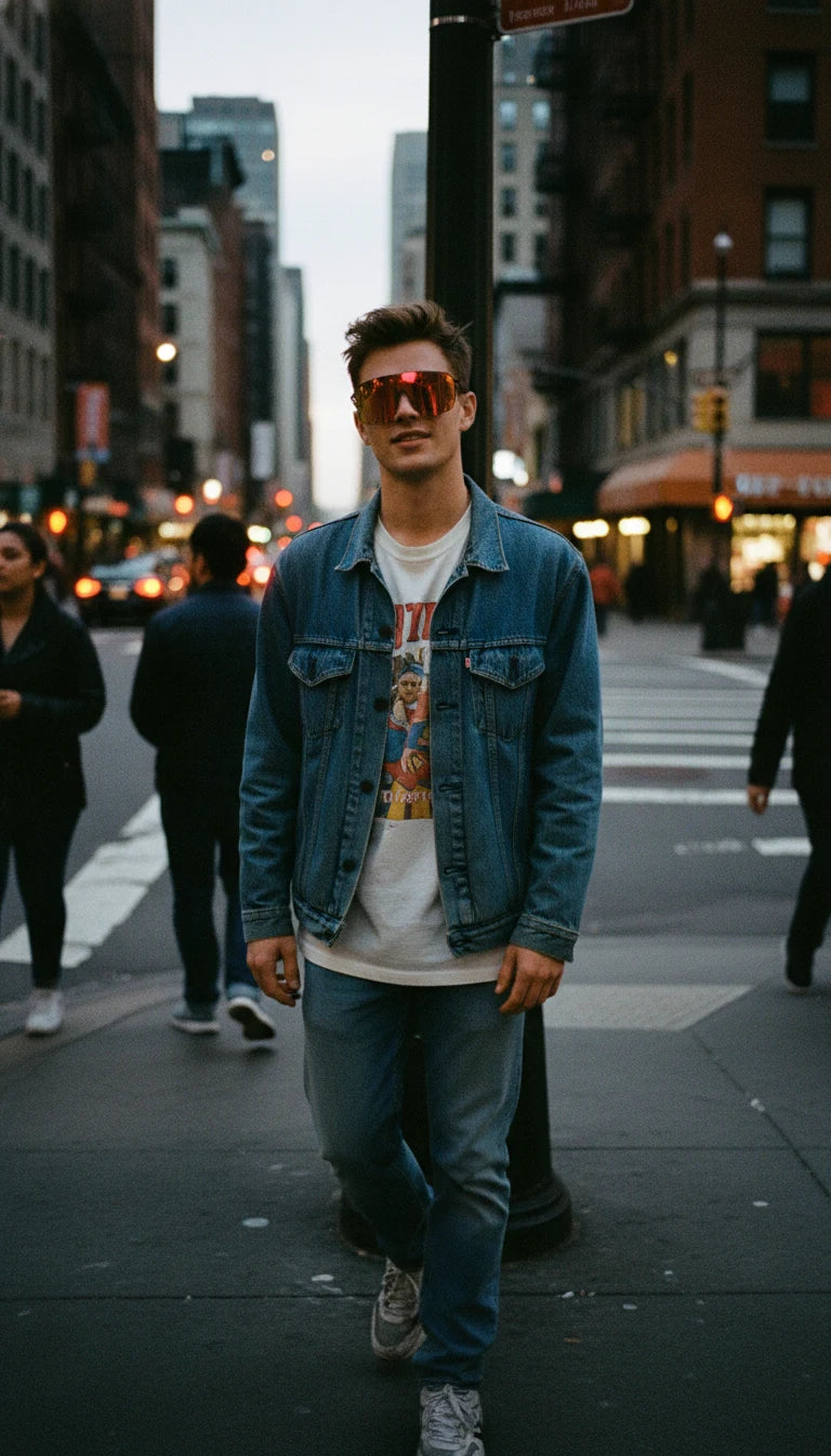 A young man wearing a blue denim jacket, graphic t-shirt, and reflective red sunglasses stands on a sidewalk in a busy urban area with tall buildings and blurred pedestrians in the background, captured during evening twilight.