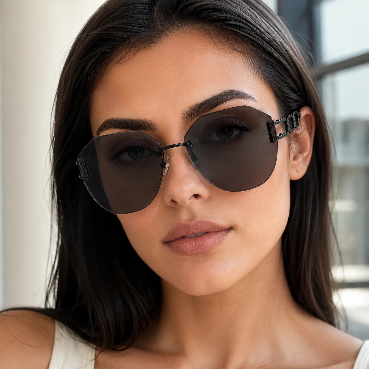 A direct front portrait of a woman wearing Baporssa arc rimless geometric sunglasses with dark black lenses and detailed black temples.