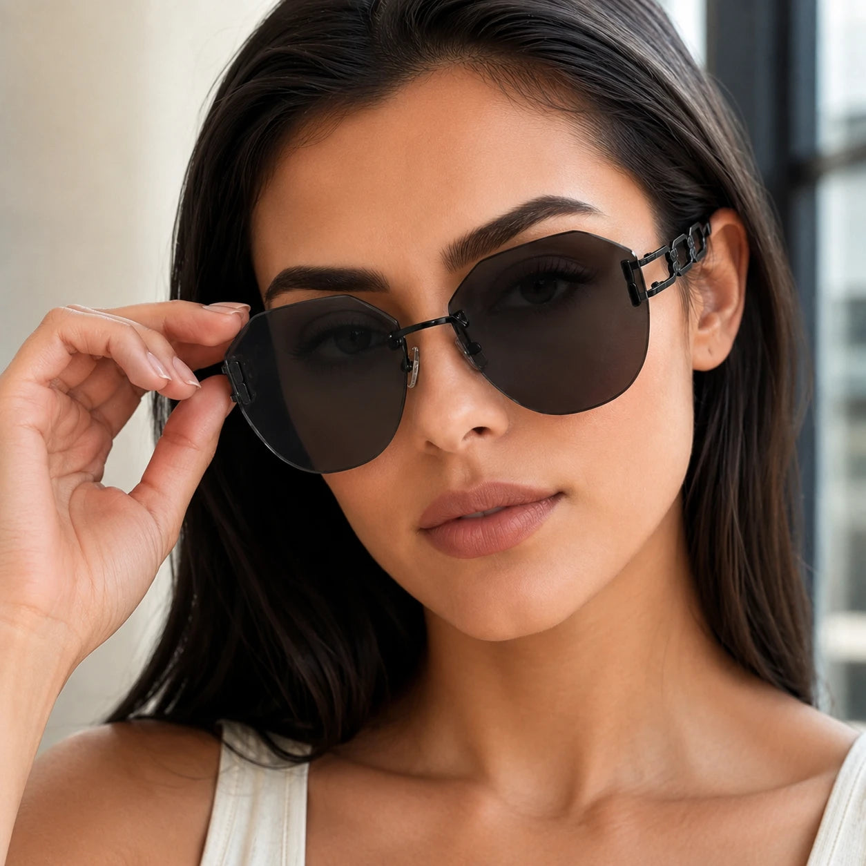 A close-up portrait of a woman with long dark hair wearing Baporssa arc oversized polygonal black sunglasses, adjusting the frame with her hand.