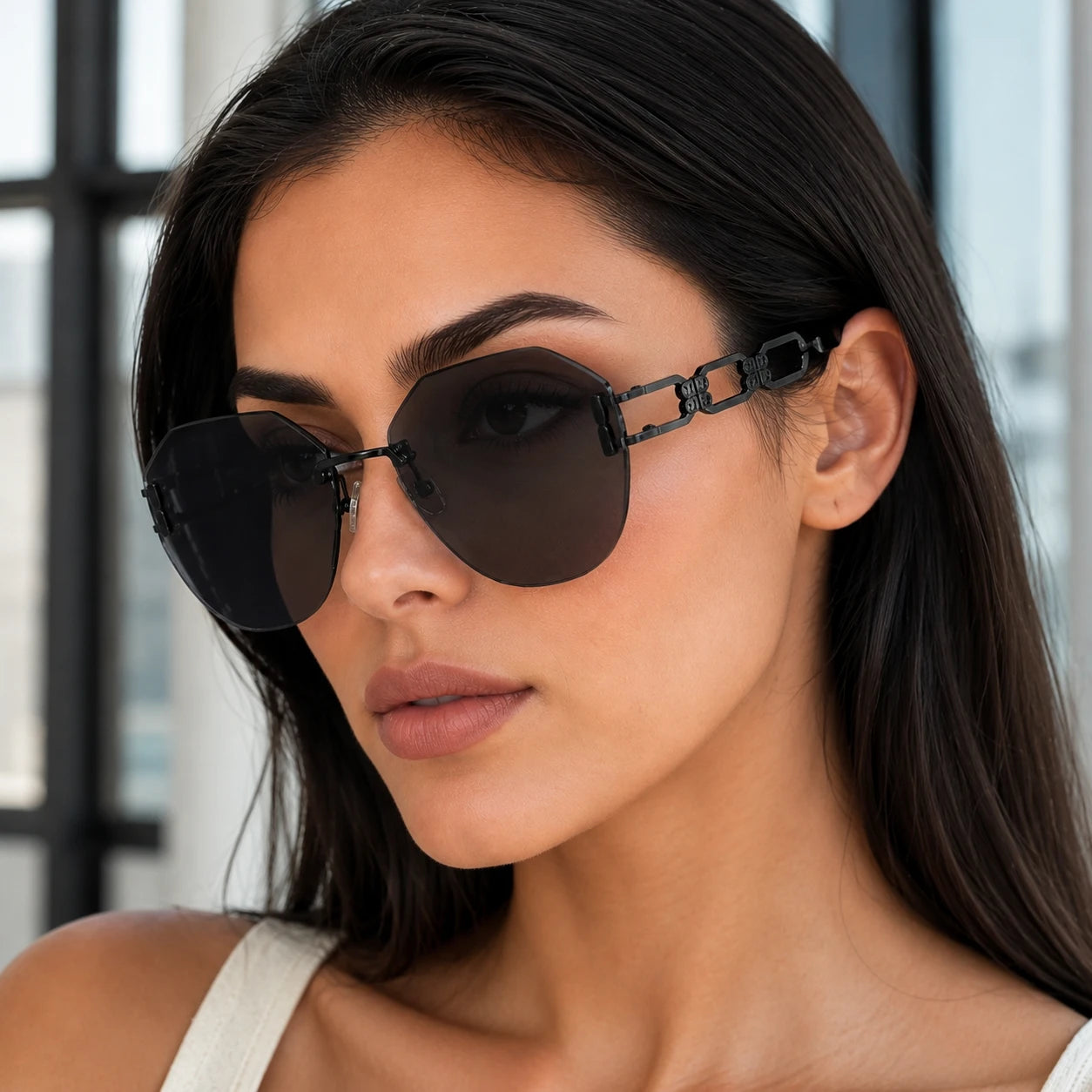 A close-up side-view portrait of a woman wearing Baporssa arc oversized polygonal black sunglasses, showcasing the intricate black geometric chain-link temple detail.
