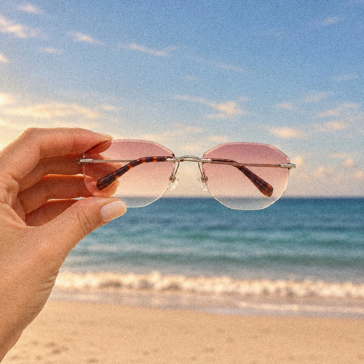 Handheld Backbone Luminous Rose rimless sunglasses at the beach