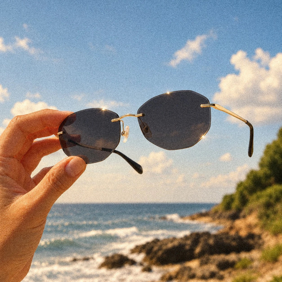 Handheld Backbone Noir Carbon rimless sunglasses at the beach