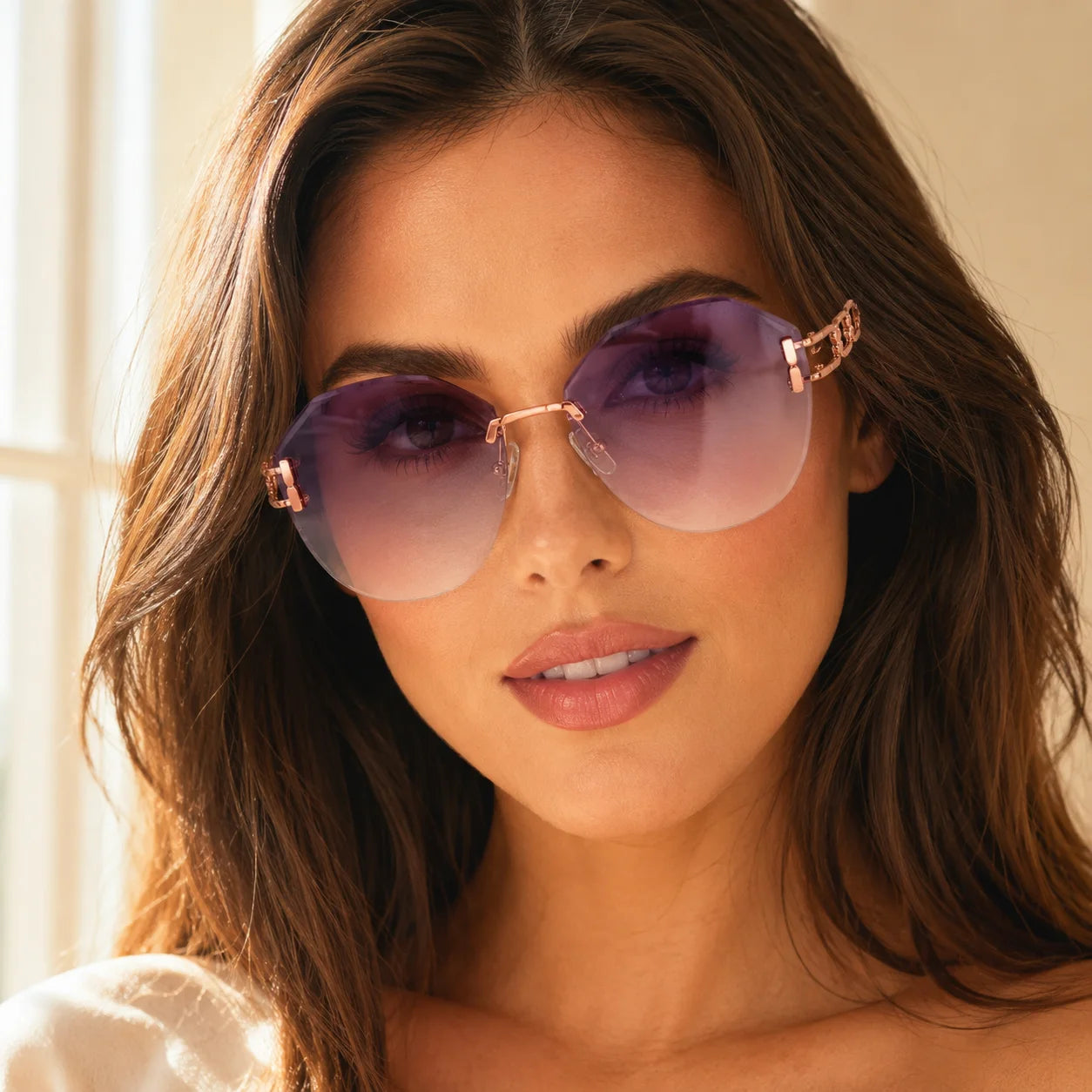 Front-facing portrait of a smiling woman wearing Baporssa Arc oversized rimless sunglasses with purple gradient cut-edge lenses and rose gold hardware.