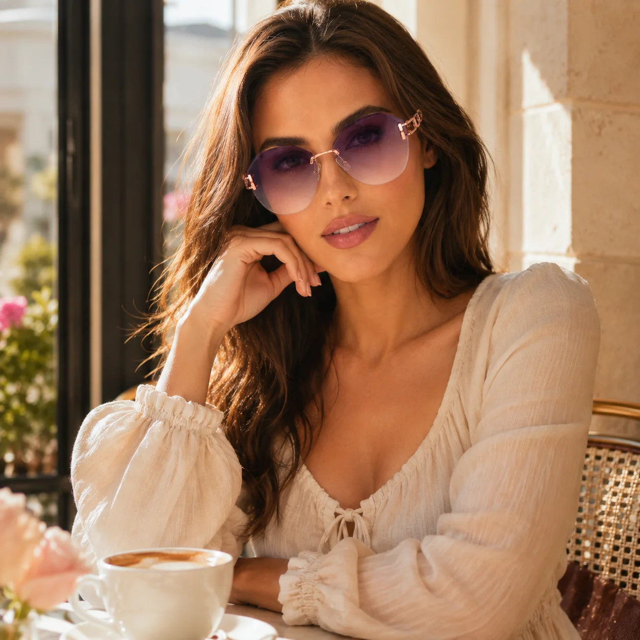 A stylish woman wearing Baporssa Arc oversized purple sunglasses sitting at a sunny cafe table, resting her chin on her hand next to a coffee cup.