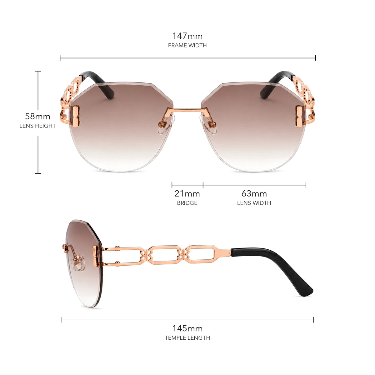 Arc | Sonnenbrille ohne Rahmen mit Kettenbügeln und Farbverlauf size guide with frame measurements