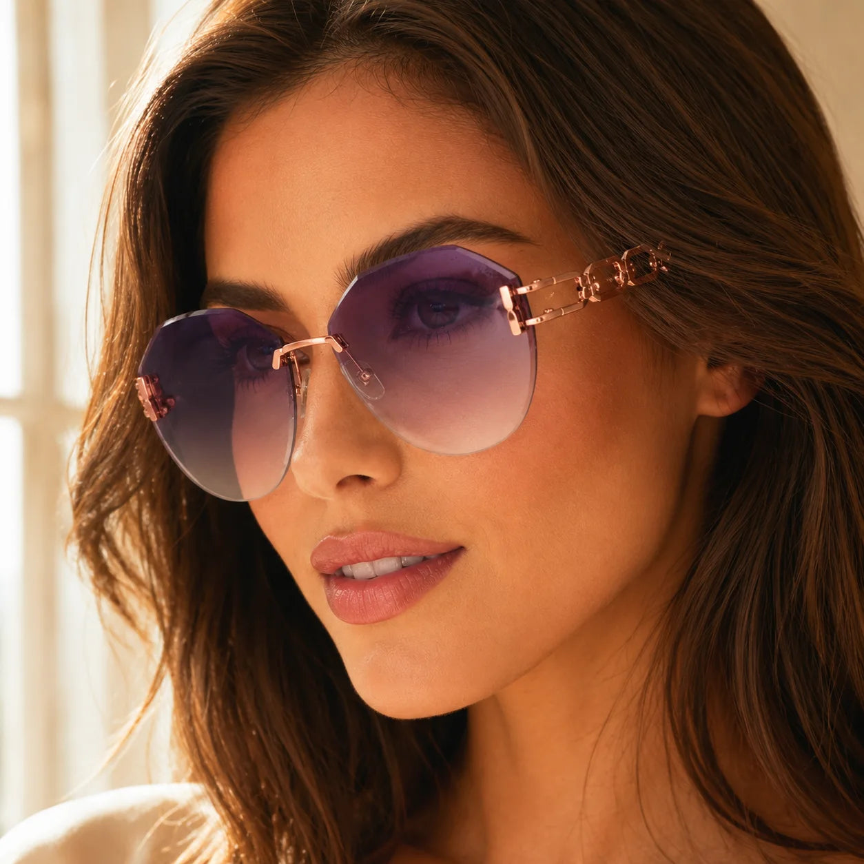 Side profile of a woman wearing Baporssa Arc rimless sunglasses, showcasing the distinctive purple-to-clear gradient lenses and intricate rose gold side details.