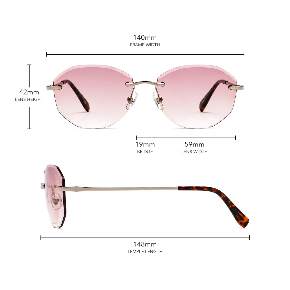 BAPORSSA Backbone sunglasses size chart: 140 mm frame width, 59 mm lens width, 42 mm lens height, 19 mm bridge, 148 mm temple length