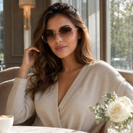 A stylish woman wearing Baporssa oversized rimless sunglasses sitting at a cafe table next to a window, wearing a beige cardigan with a coffee cup and white flowers in the foreground.